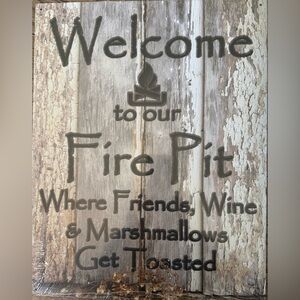 Rustic 'Welcome to our Fire Pit' Wood Sign - Brown/Gray